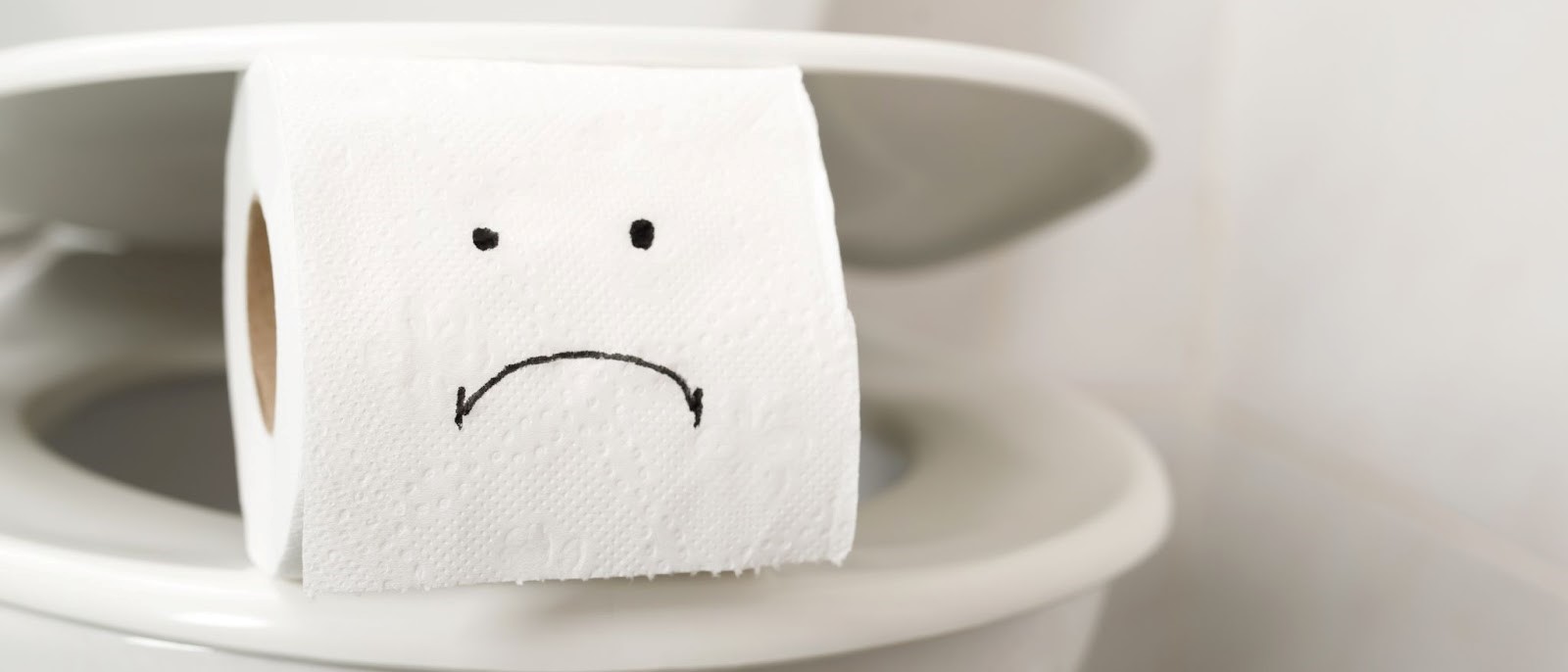 Roll of toilet paper with a sad face drawn on, between the lid and seat of toilet