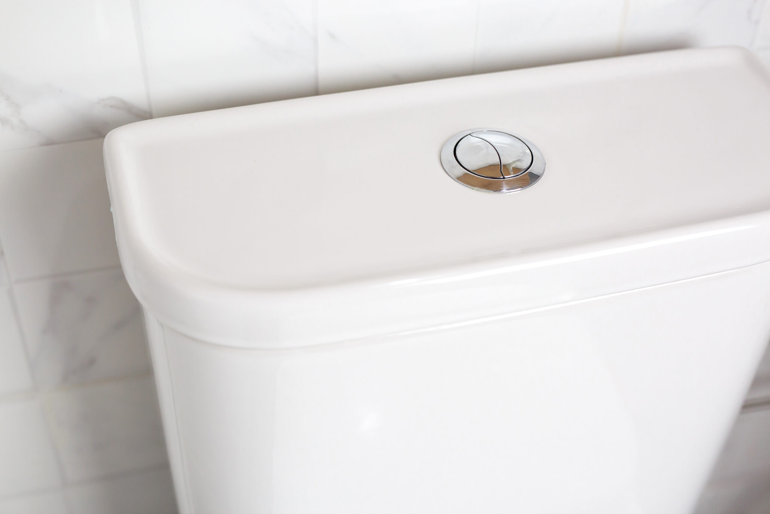 Close-up of an upgraded, low-flow toilet that features two buttons that can flush different amounts of water.