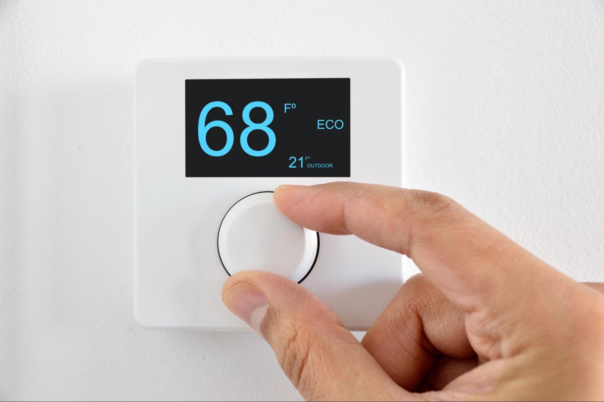 Updated, digital thermostat with the heat set to 68 degrees Fahrenheit 