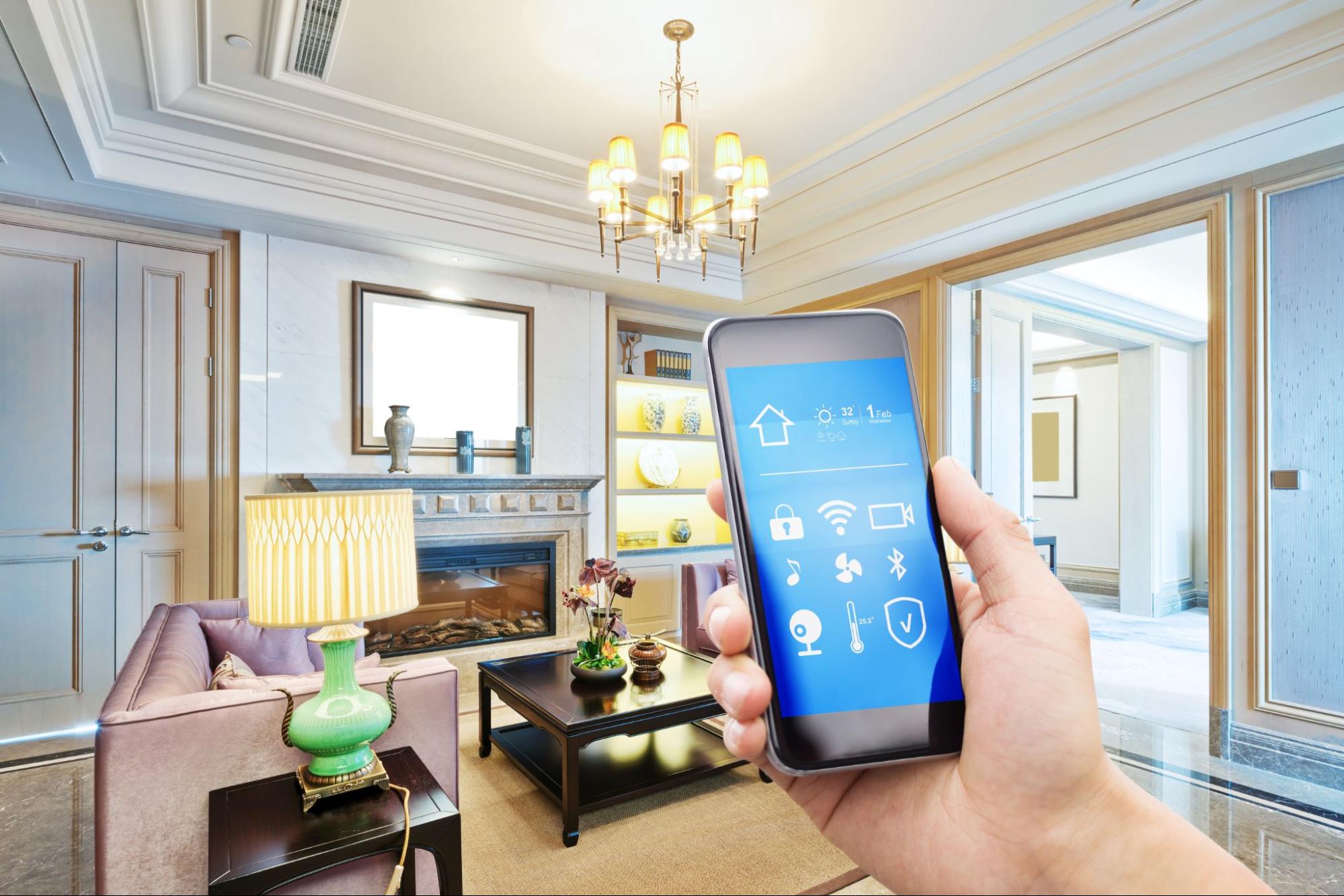 App on smartphone for a smart home, allows the user to control things like the thermostat from anywhere in the world