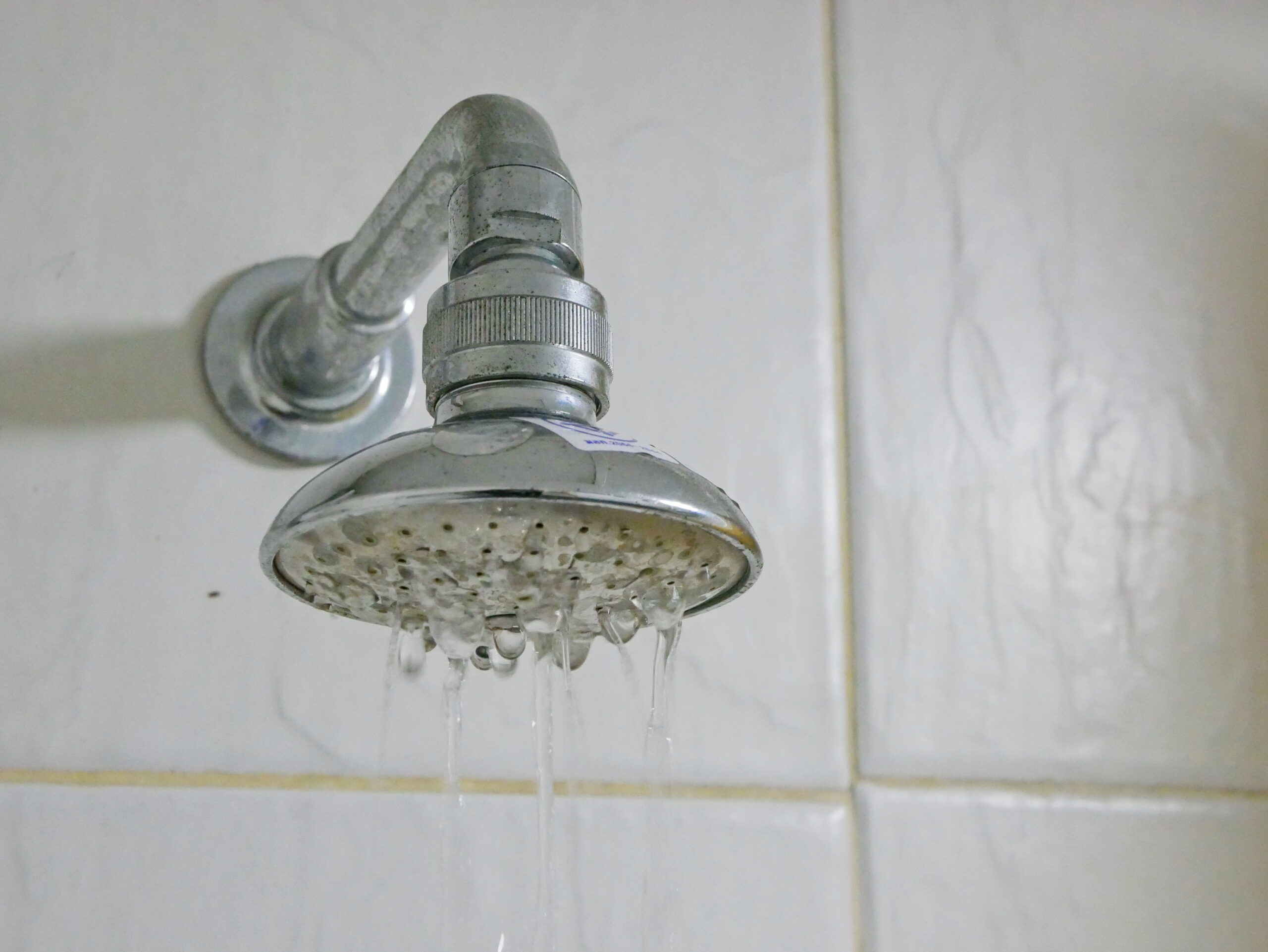 Close up of clogged shower head with very low water pressure